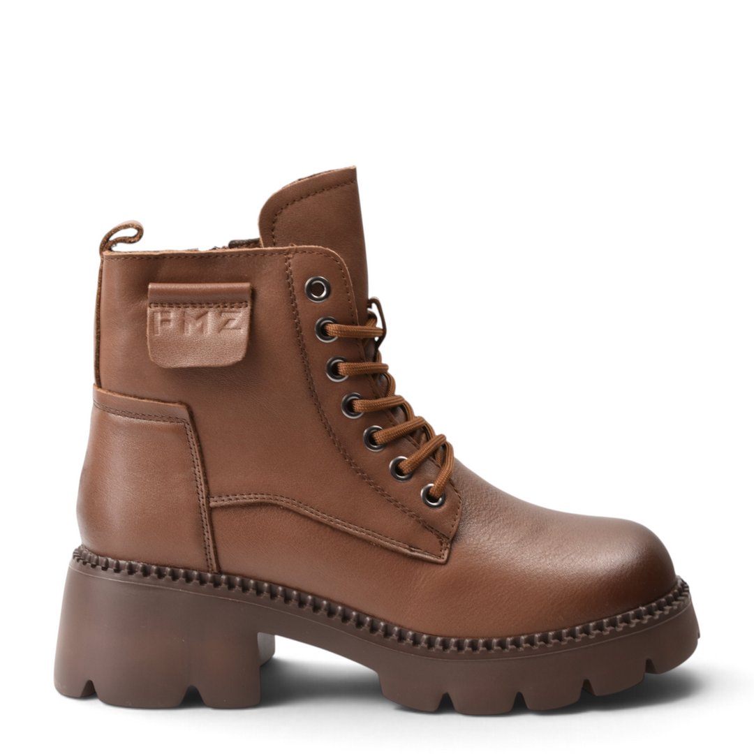 ada-shoes.ro brown leather combat boots with lace-up closure, chunky lug sole, and FMZ logo flap detail