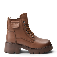 ada-shoes.ro brown leather combat boots with lace-up closure, chunky lug sole, and FMZ logo flap detail