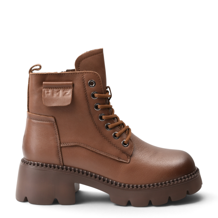 ada-shoes.ro brown leather combat boots with lace-up closure, chunky lug sole, and FMZ logo flap detail