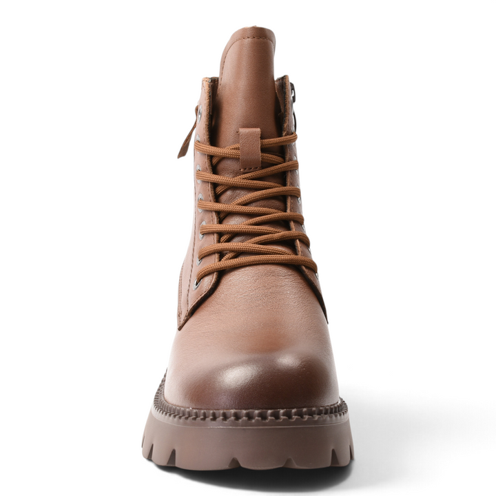 ada-shoes.ro brown leather combat boots with laces, side zipper, and chunky lug sole for women