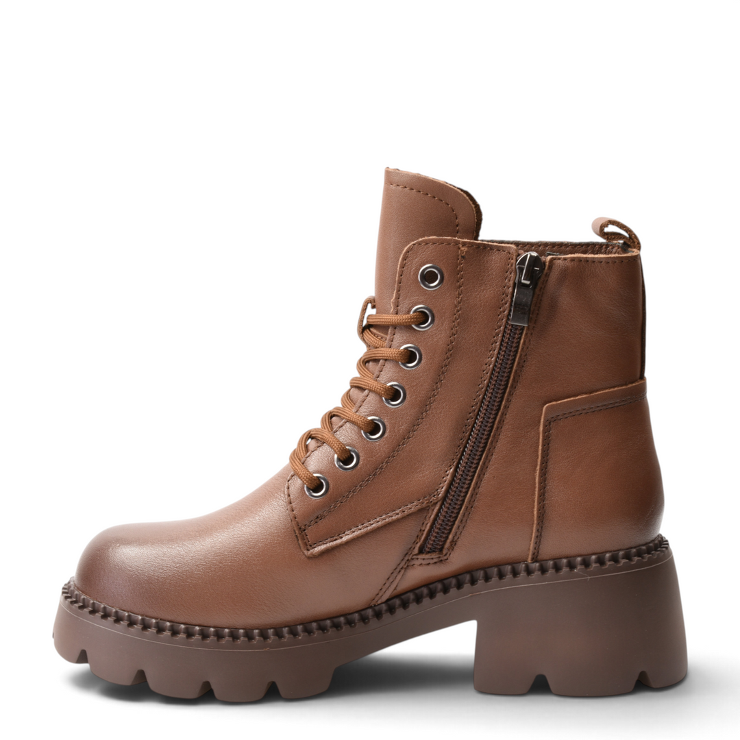 ada-shoes.ro brown leather combat boots with laces, side zipper, and chunky lug sole for women
