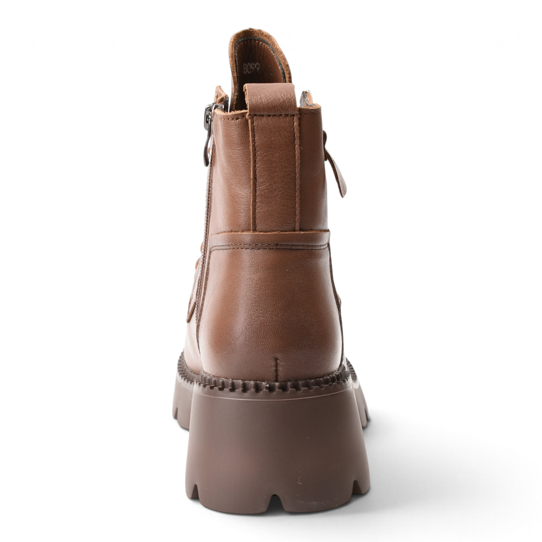 ada-shoes.ro brown leather combat boots with a chunky lug sole and back pull tab, rear view