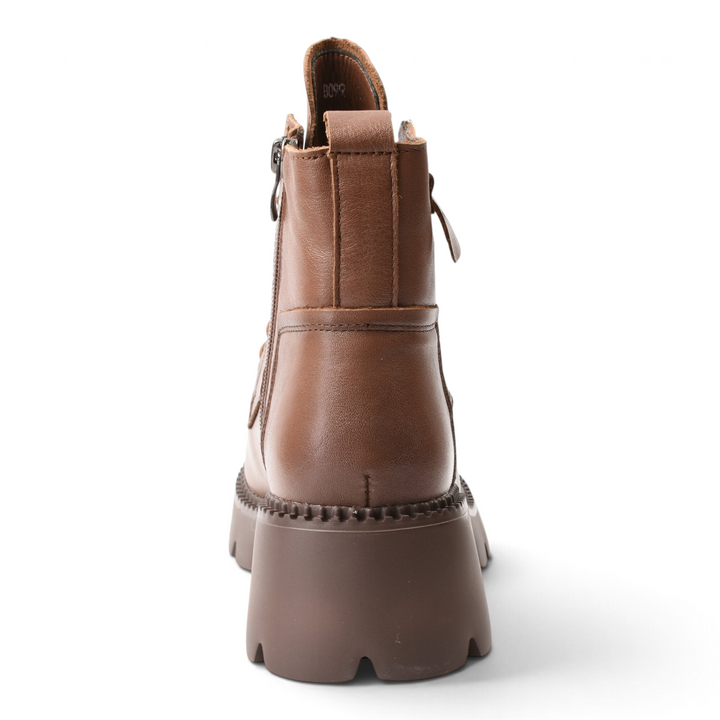 ada-shoes.ro brown leather combat boots with a chunky lug sole and back pull tab, rear view