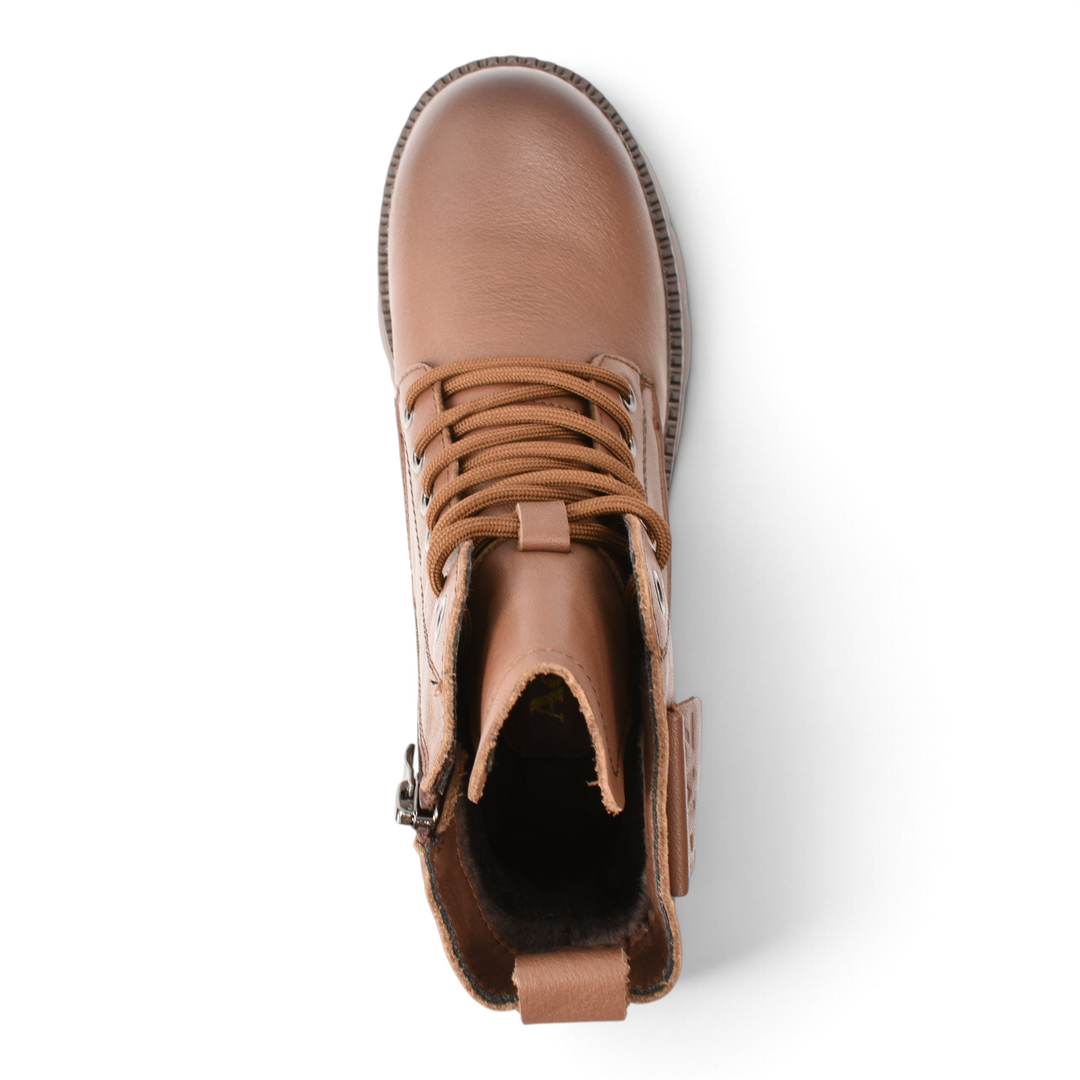 ada-shoes.ro brown leather combat boots with laces, side zipper, and chunky lug sole, top-down view