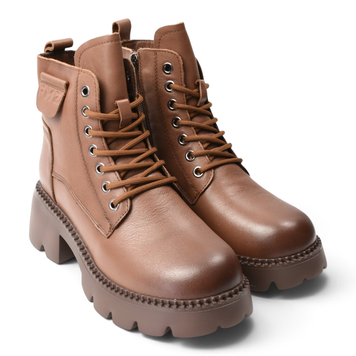 ada-shoes.ro brown leather combat boots with lace-up closure, side zipper, and chunky lug sole for women