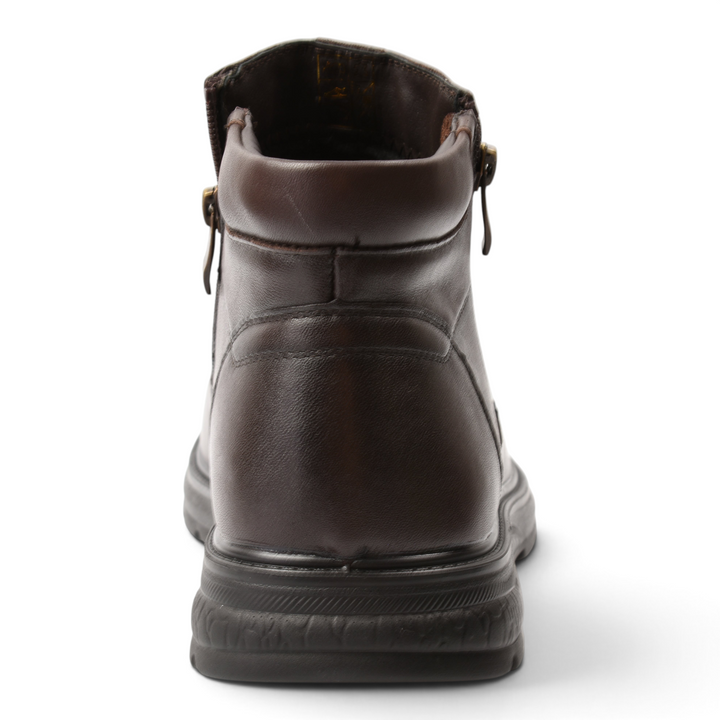 Back view of brown leather ankle boots from ada-shoes.ro with side zippers and a thick black rubber sole