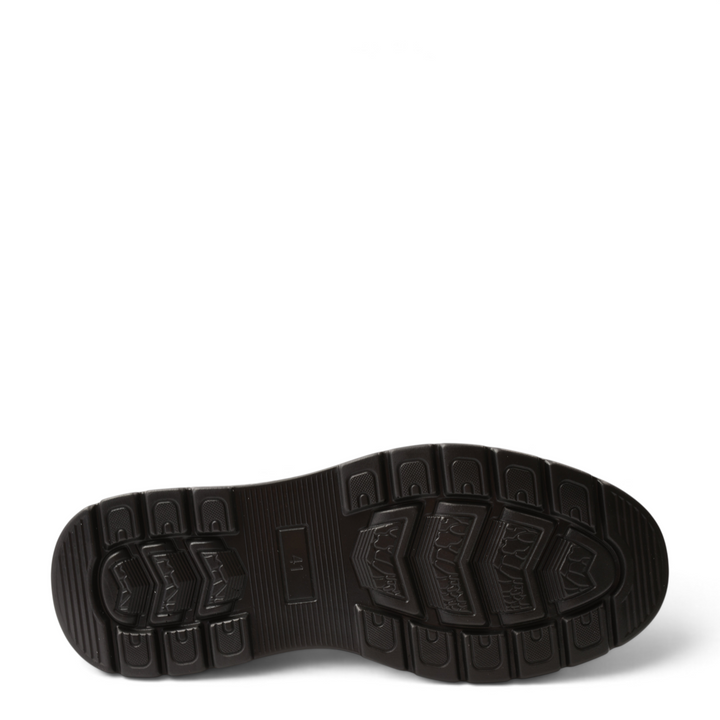 Black rubber sole of an ada-shoes.ro boot with a deep tread pattern for traction and size 41 marking