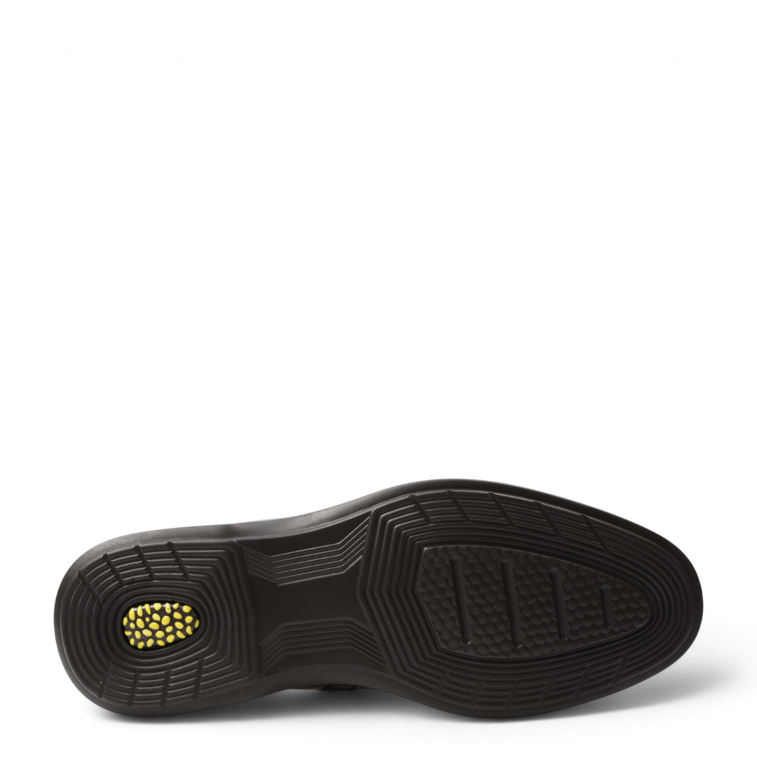 ada-shoes.ro black leather boot sole with a textured grip pattern and a yellow cushioned heel insert