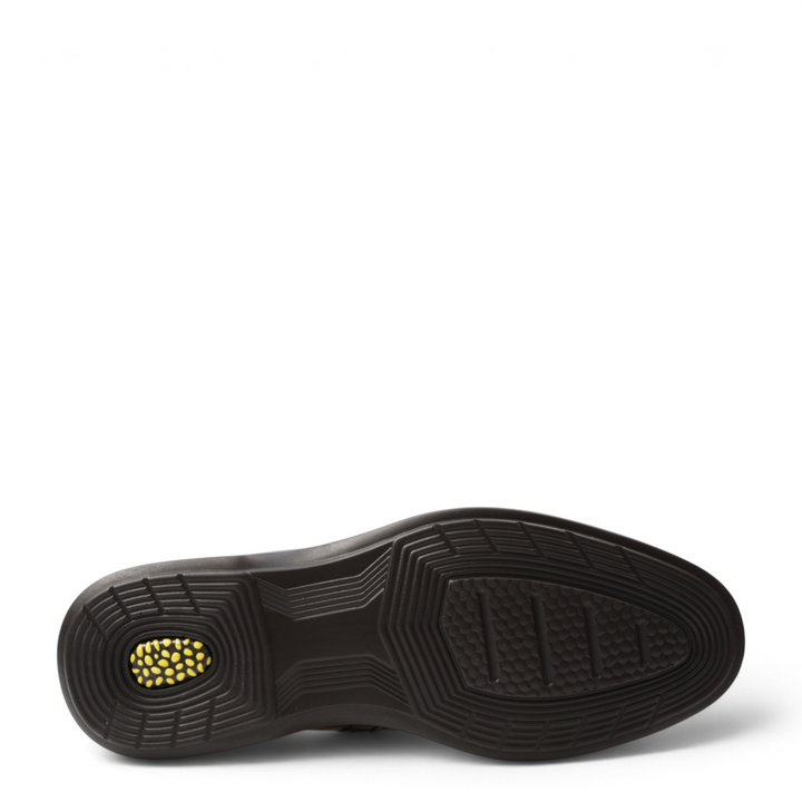 ada-shoes.ro black leather boot sole with a textured grip pattern and a yellow cushioned heel insert