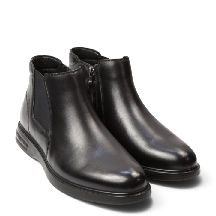 ada-shoes.ro black leather ankle boots with a minimalist design, side zipper, and comfortable flexible sole.