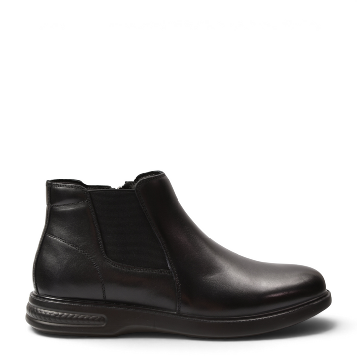 ada-shoes.ro Goretti black leather ankle boots with a minimalist design, rounded toe, and comfortable flat sole.