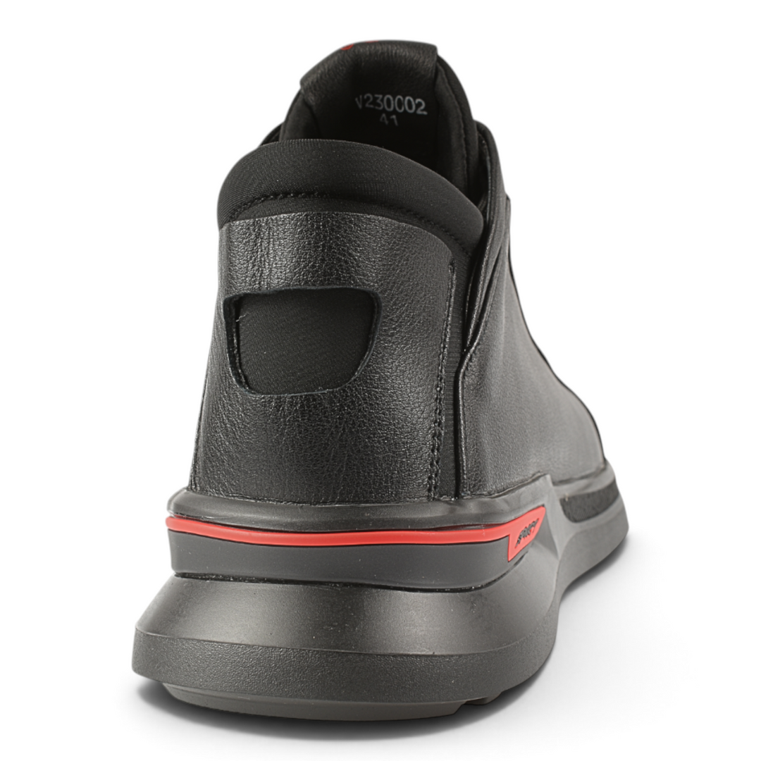 ada-shoes.ro OTTER black leather sports shoes for men with a flexible sole and red accent detail, rear view