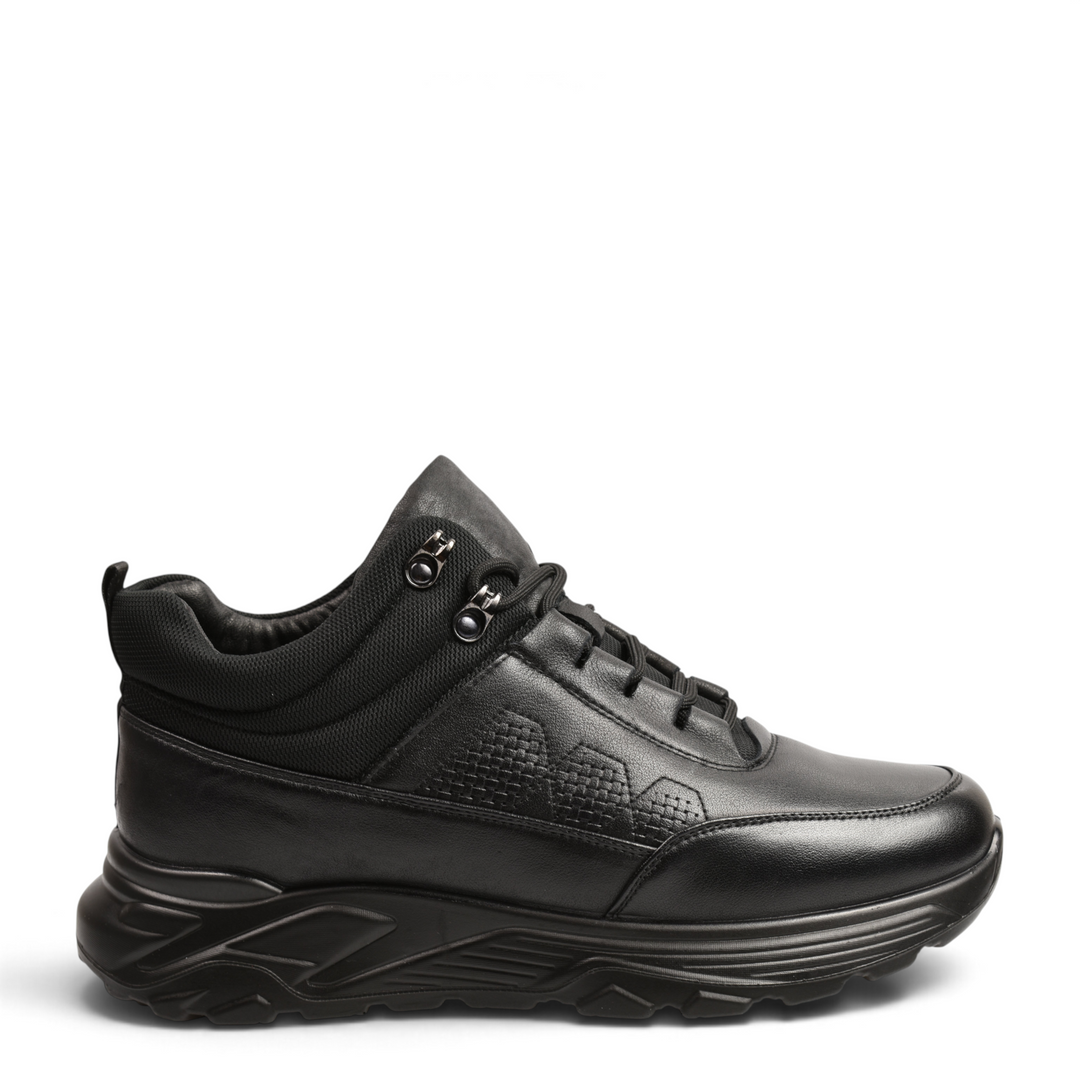 ada-shoes.ro black leather high-top sneakers with trekking-style metal hooks, thick cushioned sole, and padded collar.
