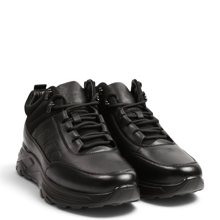 ada-shoes.ro black leather high-top sneakers with trekking-style metal hooks, thick cushioned soles, and padded collars.