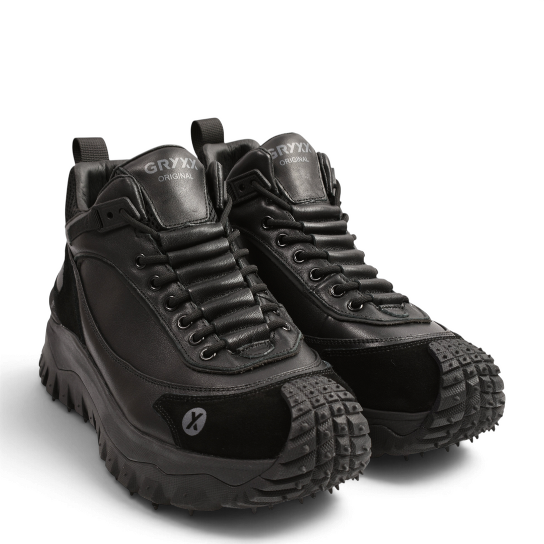 ada-shoes.ro GRYXX black leather and suede trail boots with thick lugged soles and protective toe caps
