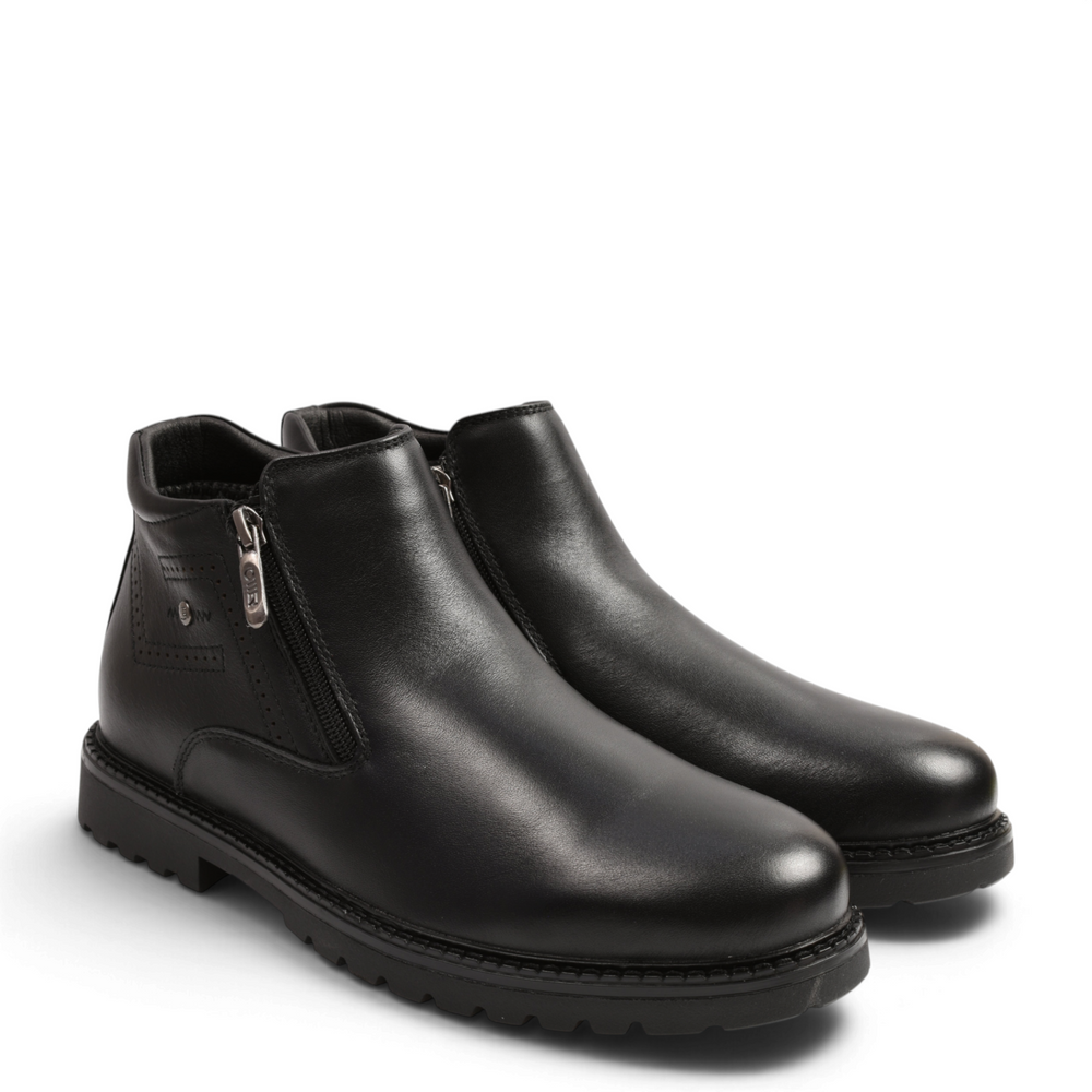 ada-shoes.ro Otter black leather men's ankle boots with dual side zippers and durable lug soles for casual wear