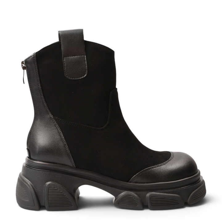 ada-shoes.ro black casual ankle boots with suede and leather texture, featuring a chunky platform lug sole and back zip