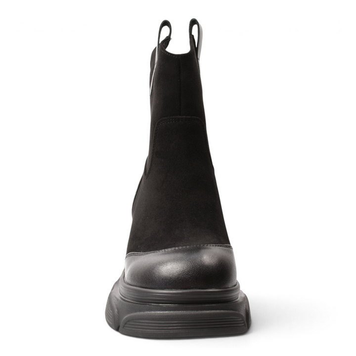 ada-shoes.ro black suede and leather casual ankle boots with a chunky platform sole and pull tabs