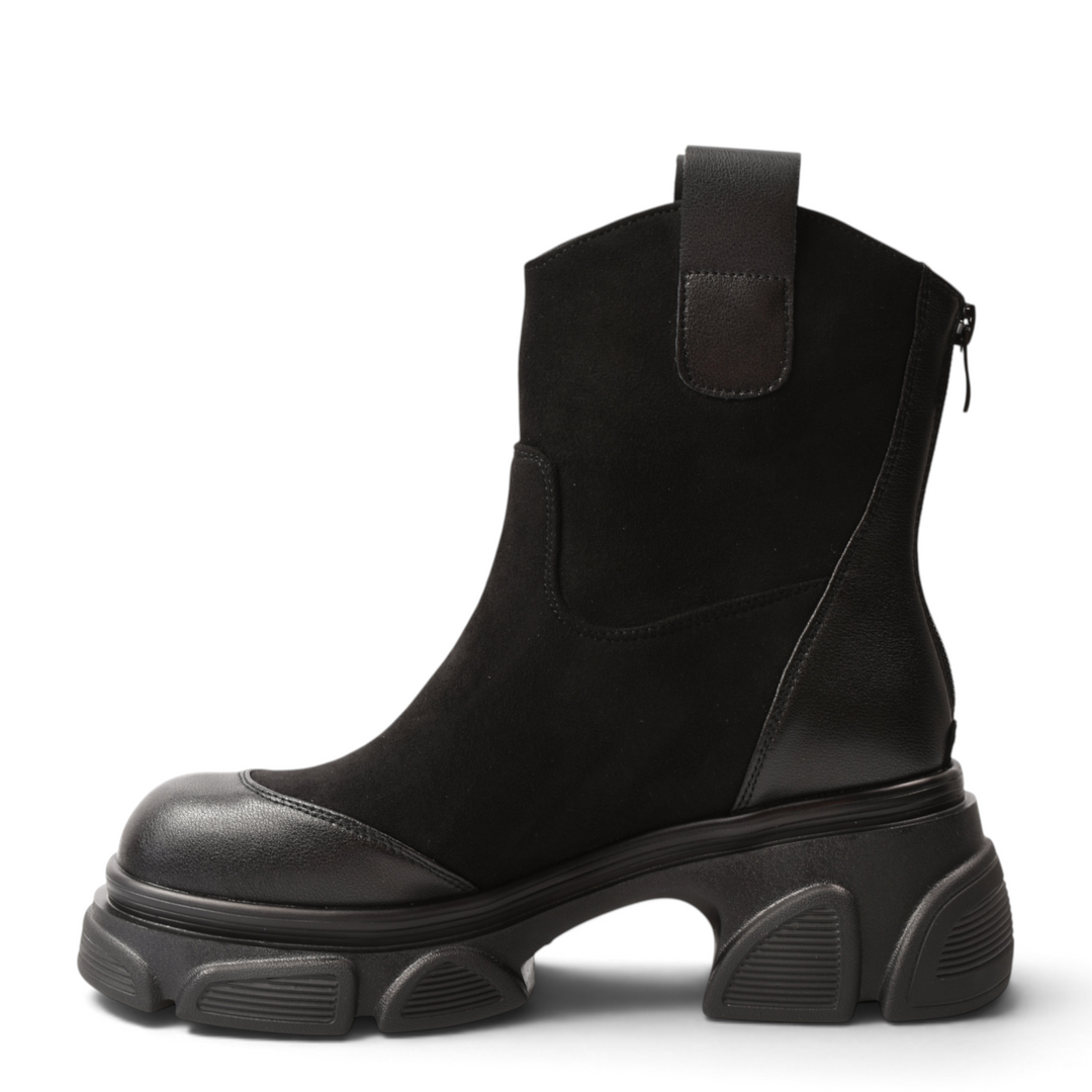ada-shoes.ro black casual ankle boots with suede upper, leather toe cap, and chunky lug sole, side view