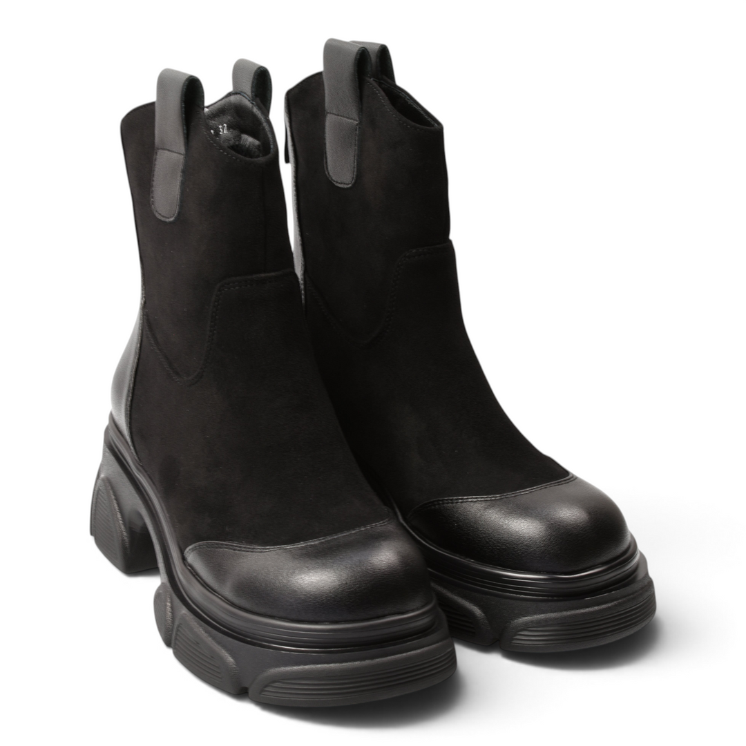 ada-shoes.ro black casual ankle boots with suede and leather texture and a chunky platform sole