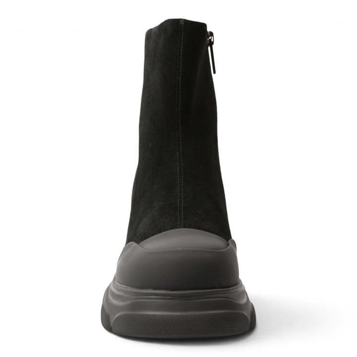 ada-shoes.ro black suede ankle boots with chunky platform sole and rubberized toe cap, front view