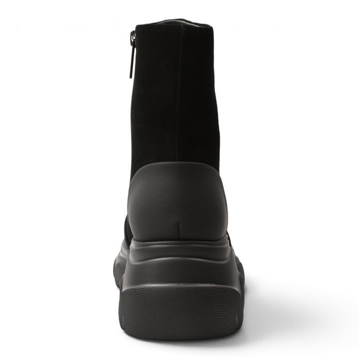 ada-shoes.ro black suede ankle boots with a chunky platform sole and smooth heel reinforcement, rear view