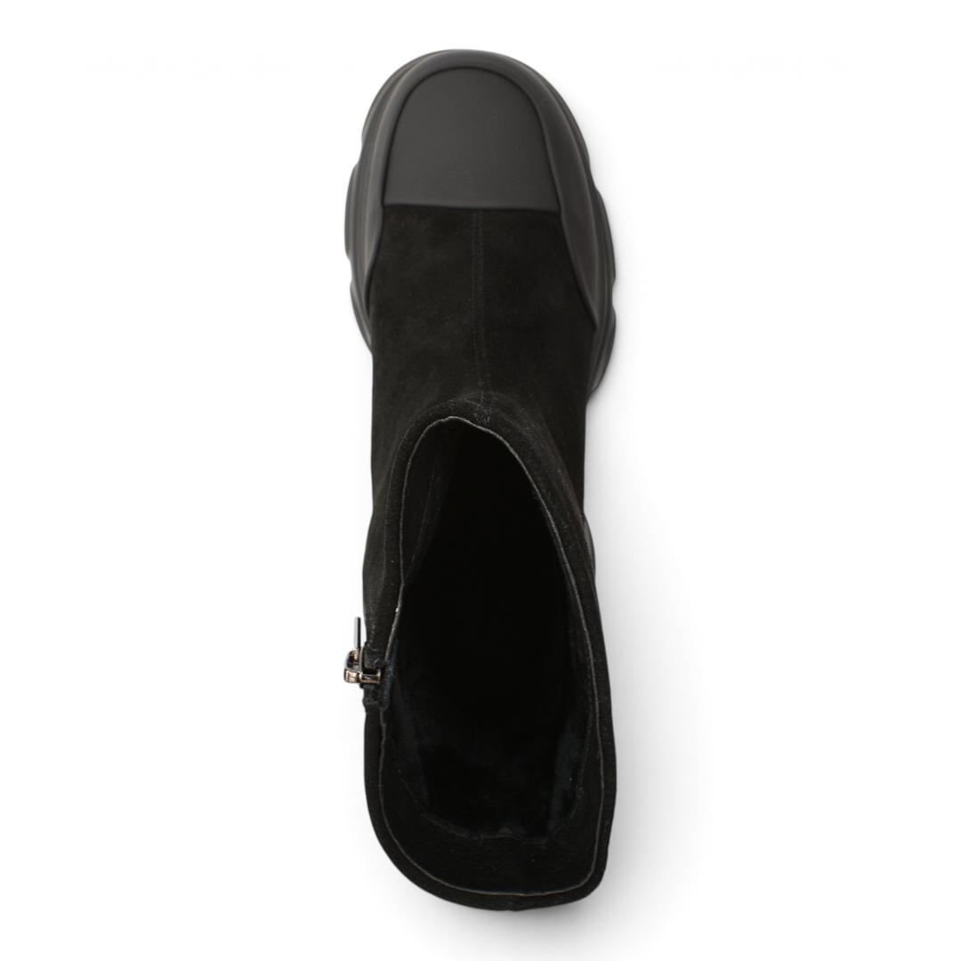 Top view of black suede Pass Collection ankle boots with a chunky rubber sole and protective toe cap