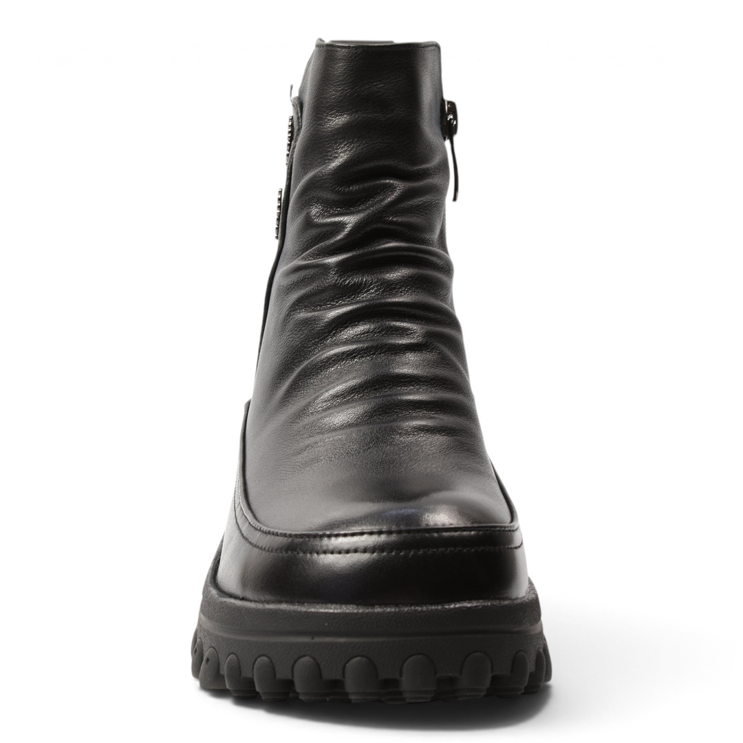 ada-shoes.ro black leather ankle boots with front pleats, side zipper, and thick lug sole for casual-chic style