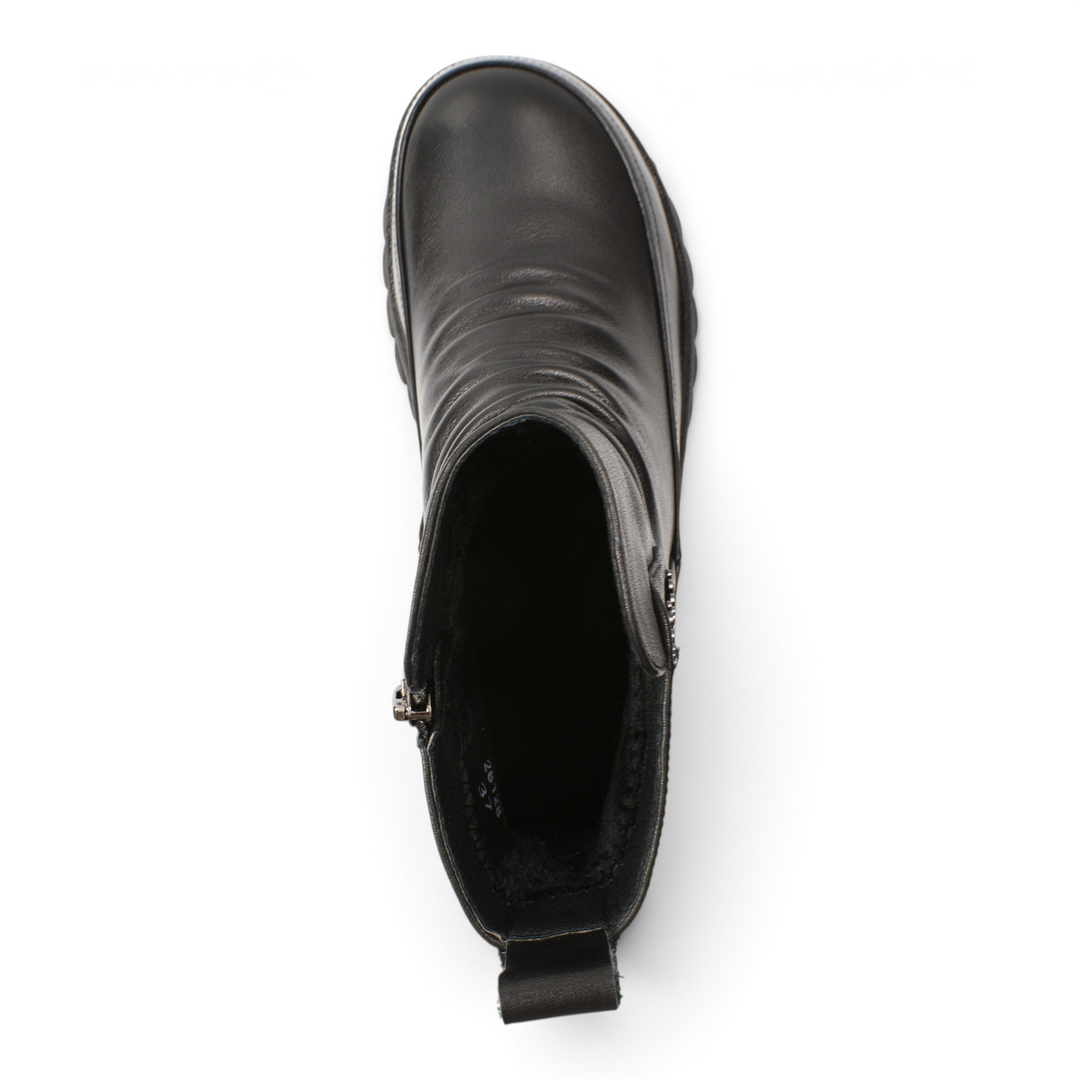 ada-shoes.ro Feeling black leather ankle boots with front pleats, thick lug sole, and side zipper, top view.