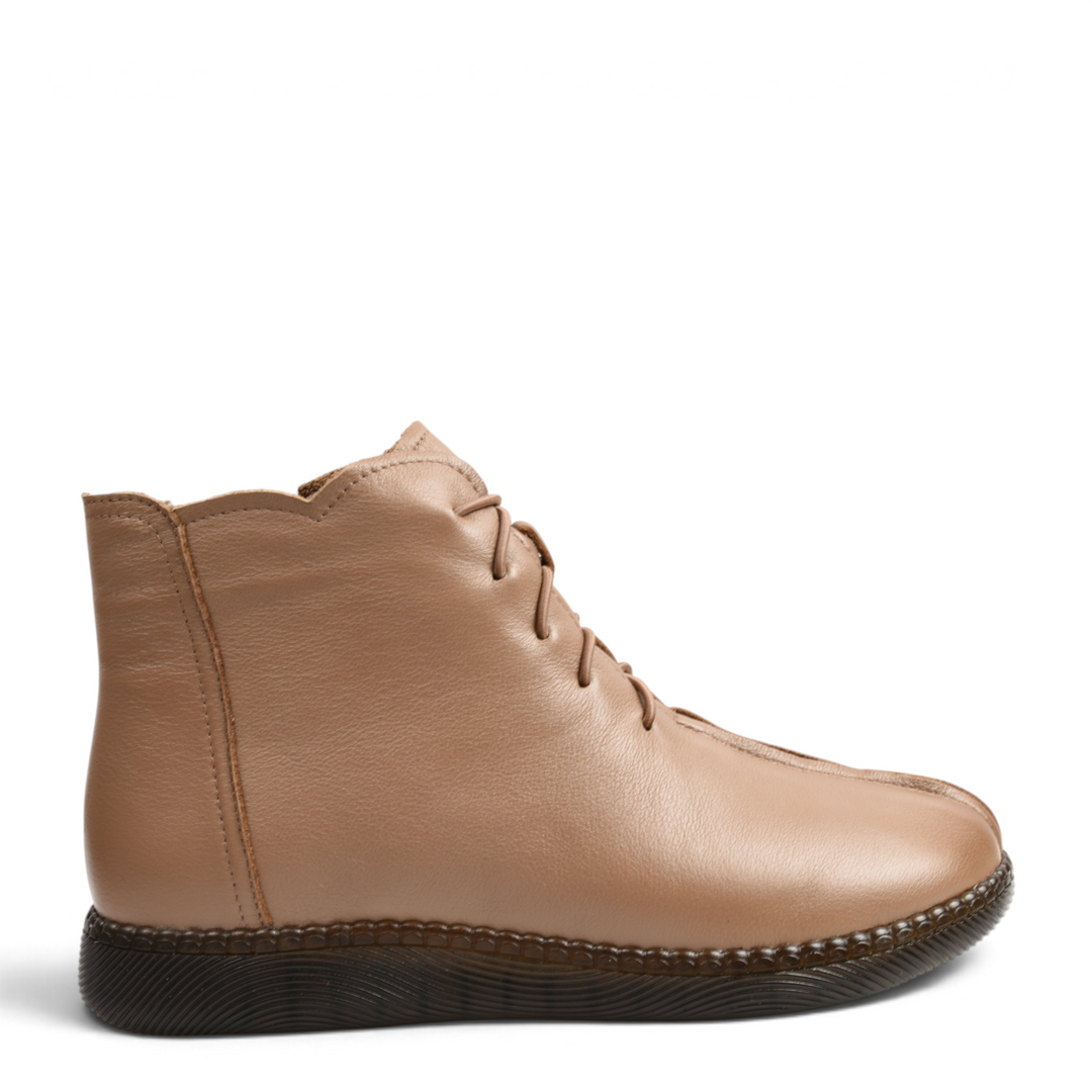 ada-shoes.ro beige soft leather casual ankle boots with side zipper, elastic laces, and flexible brown textured sole