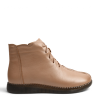 ada-shoes.ro beige soft leather casual ankle boots with side zipper, elastic laces, and flexible brown textured sole