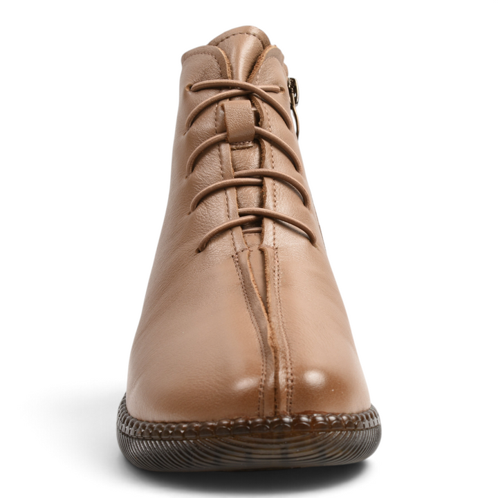 ada-shoes.ro beige soft leather casual ankle boots with elastic laces and central seam on a white background