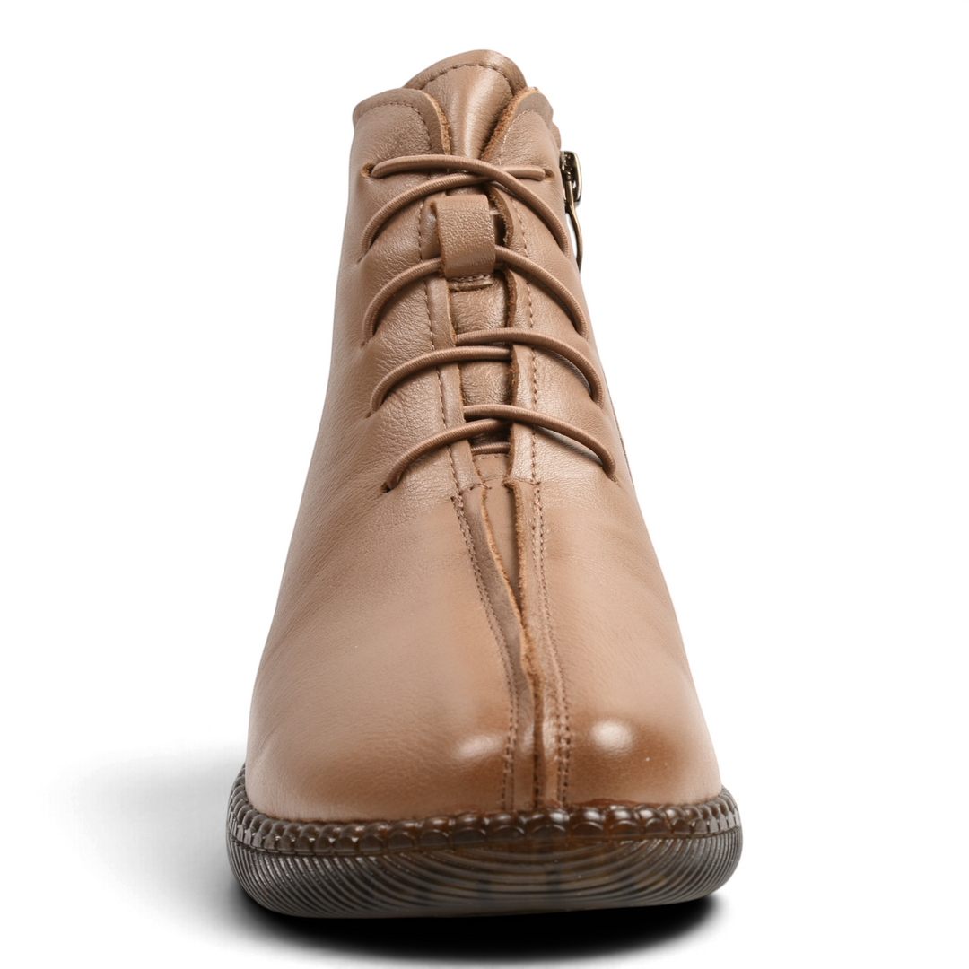 ada-shoes.ro beige soft leather casual ankle boots with elastic laces and central seam on a white background
