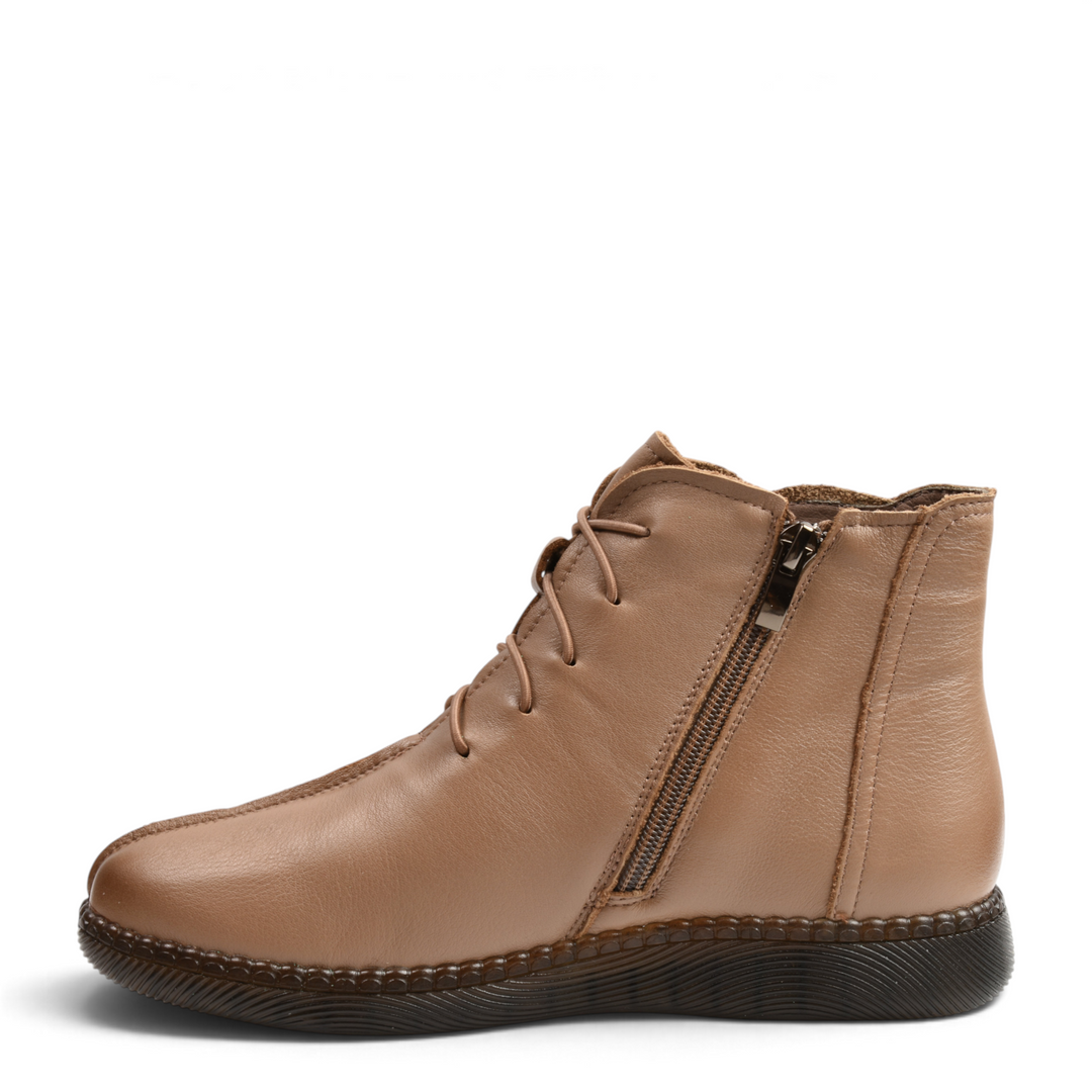 ada-shoes.ro beige leather casual ankle boots with side zipper, elastic laces, and flexible brown textured sole