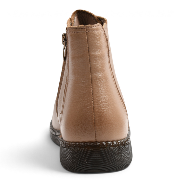 ada-shoes.ro beige leather casual ankle boots with side zipper and flexible dark sole, rear view