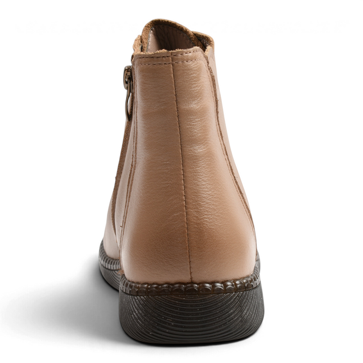 ada-shoes.ro beige leather casual ankle boots with side zipper and flexible dark sole, rear view