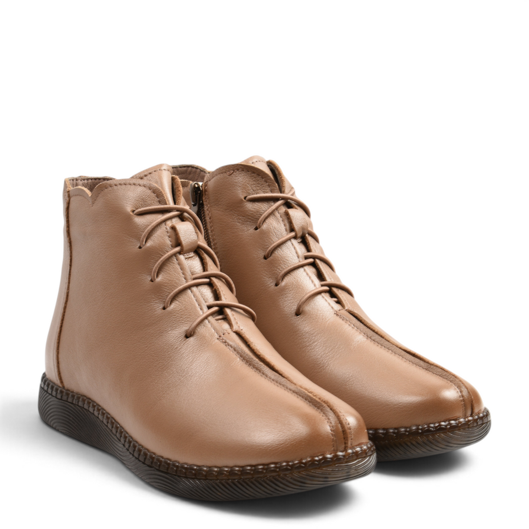 ada-shoes.ro beige soft leather casual ankle boots with elastic laces, side zipper, and flexible brown rubber sole.
