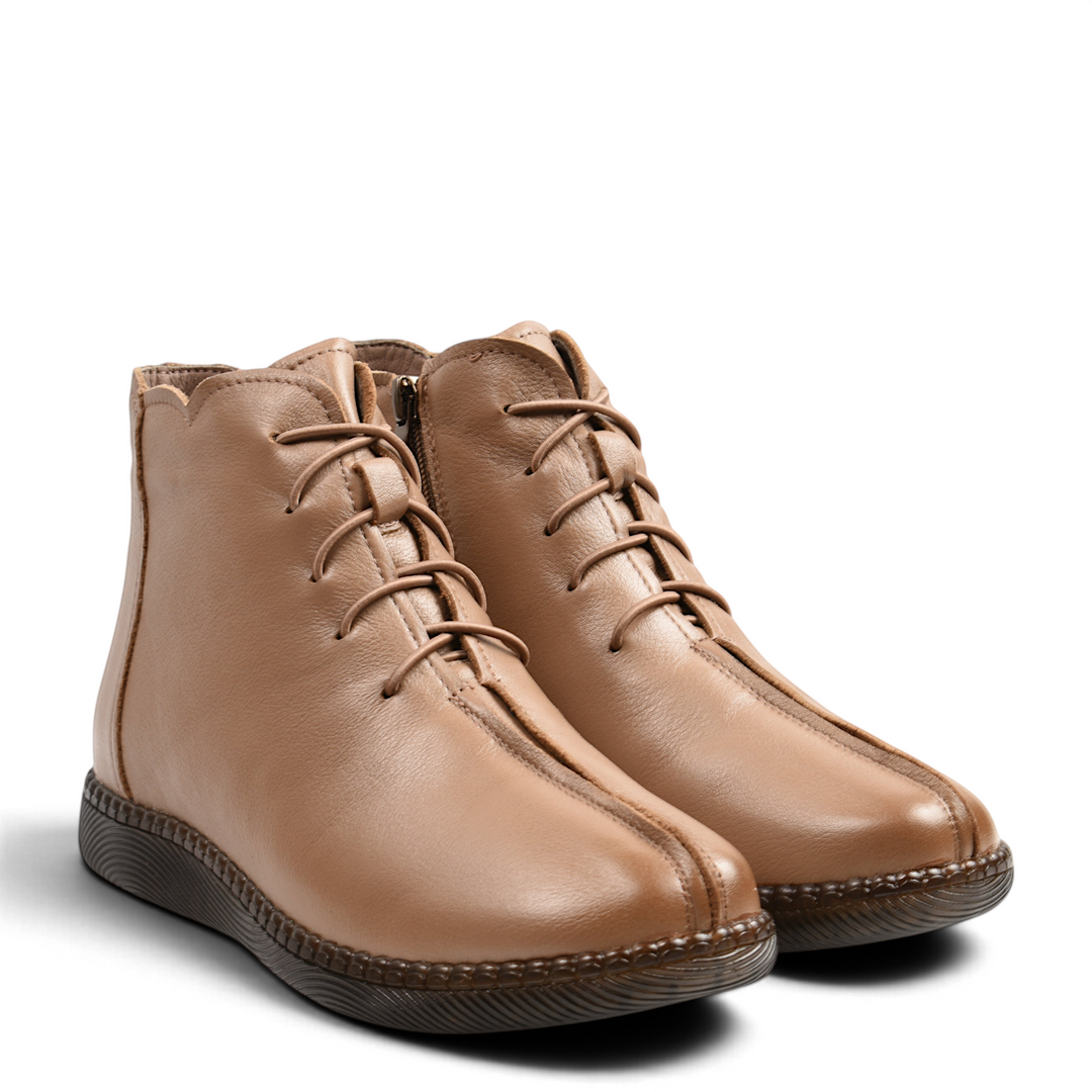 ada-shoes.ro beige soft leather casual ankle boots with elastic laces, side zipper, and flexible brown rubber sole.
