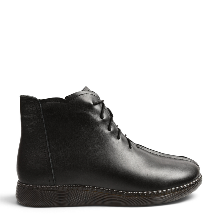 ada-shoes.ro black leather casual ankle boots with elastic laces, side zipper, and flexible textured sole