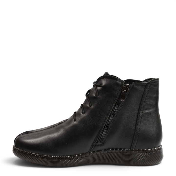 ada-shoes.ro black soft leather casual ankle boots with side zipper, elastic laces, and flexible textured sole
