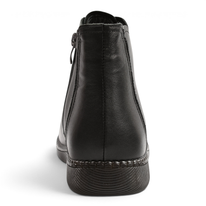 ada-shoes.ro black leather casual ankle boots with side zipper and flexible textured sole, back view