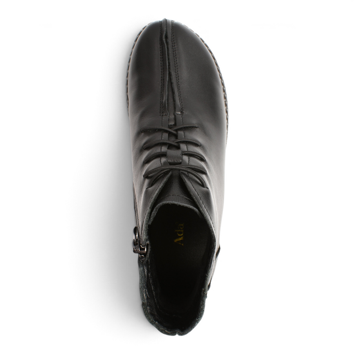 Top view of black soft leather casual ankle boots by ada-shoes.ro with elastic laces and central seam detail.