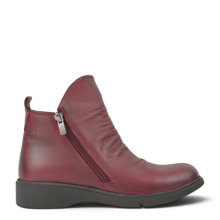 ada-shoes.ro Anna Viotti burgundy natural leather casual ankle boots with side zipper and flat sole