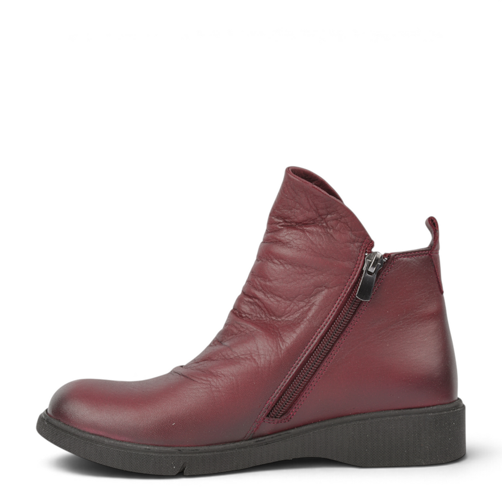 ada-shoes.ro Anna Viotti burgundy leather casual ankle boots with side zipper and flat sole