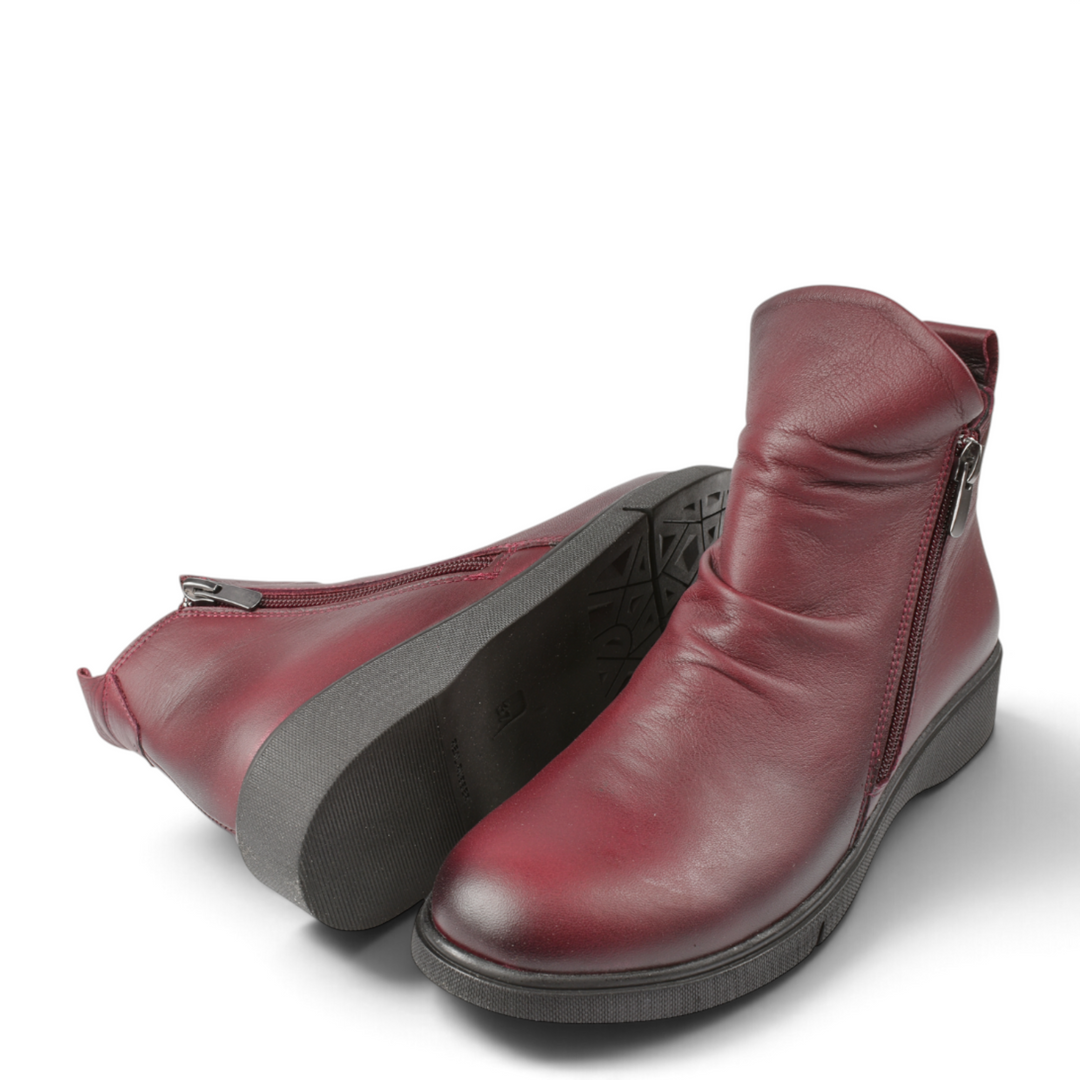 ada-shoes.ro Anna Viotti burgundy natural leather casual ankle boots with side zipper and flat sole