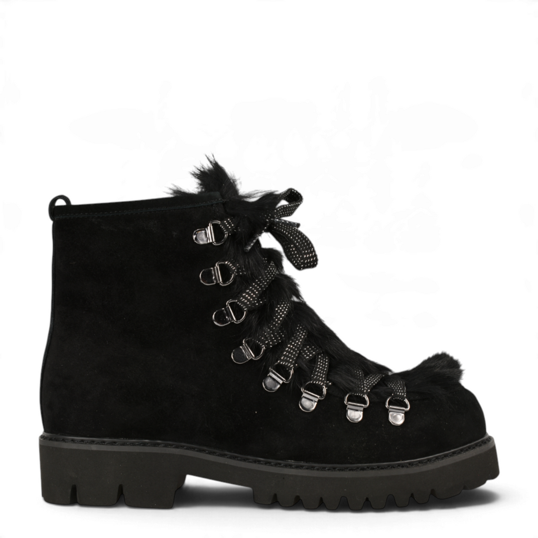 ada-shoes.ro Formazione black suede winter boots with faux fur trim, glitter laces, and chunky lug sole