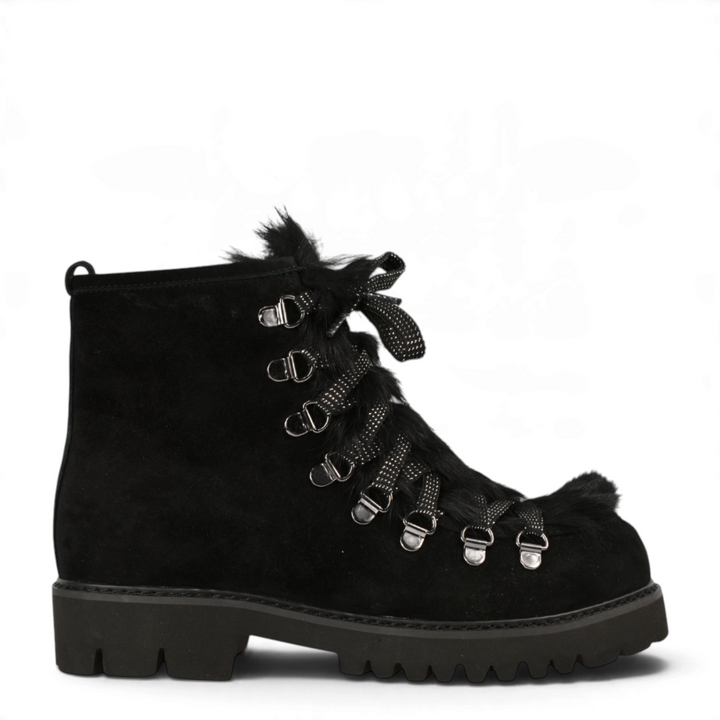 ada-shoes.ro Formazione black suede winter boots with faux fur trim, glitter laces, and chunky lug sole