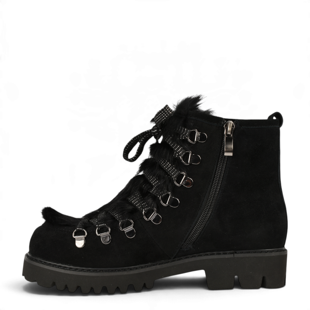 ada-shoes.ro Formazione black suede winter boots with fur trim, glitter laces, and chunky lug sole, side view