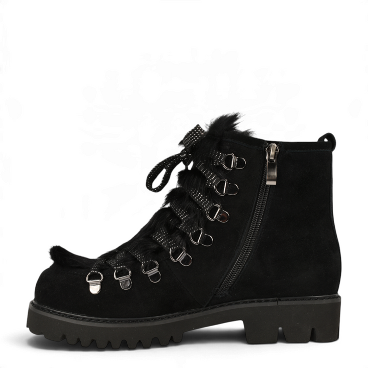 ada-shoes.ro Formazione black suede winter boots with fur trim, glitter laces, and chunky lug sole, side view