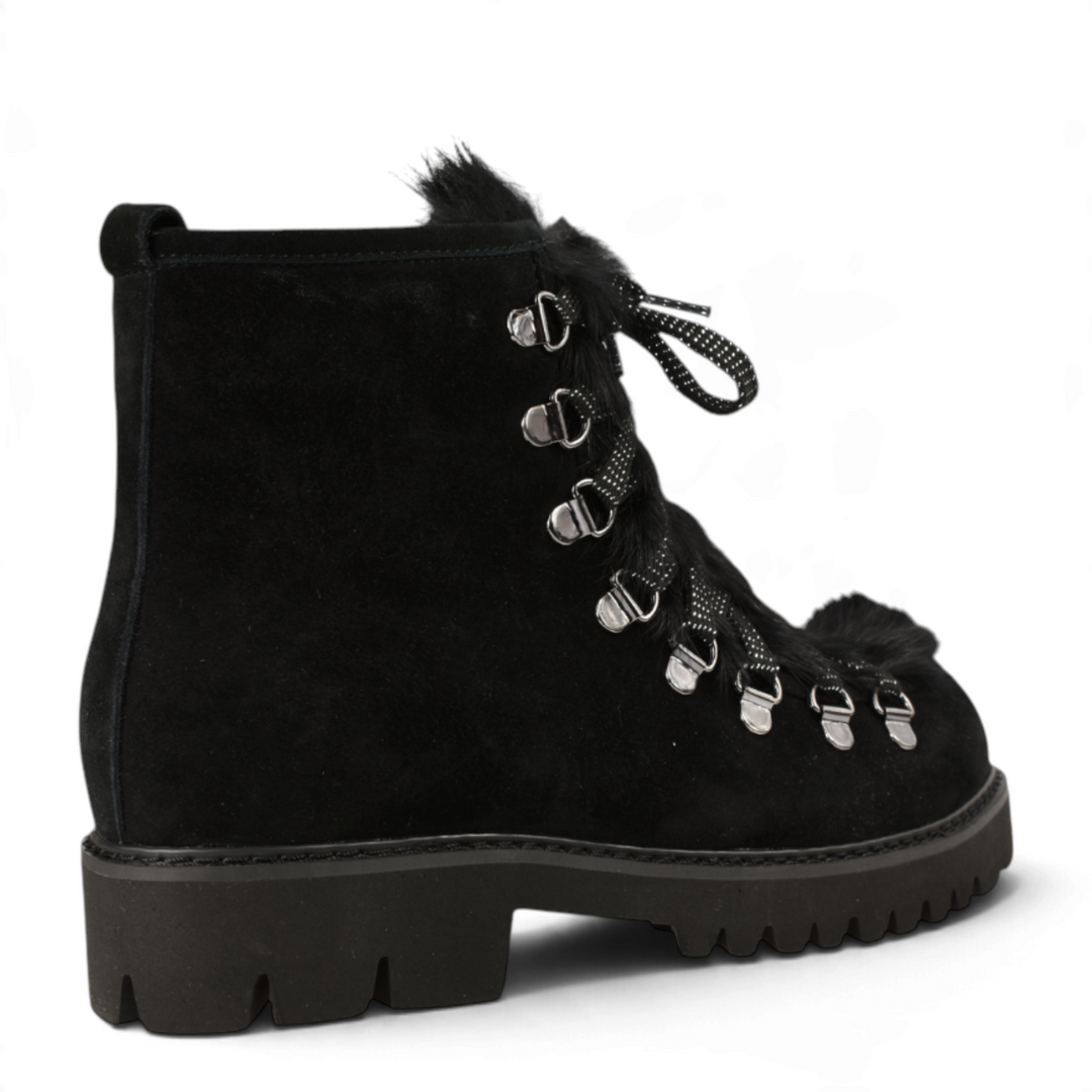 ada-shoes.ro Formazione black suede ankle boots with faux fur trim, glitter laces, and chunky lug sole side view